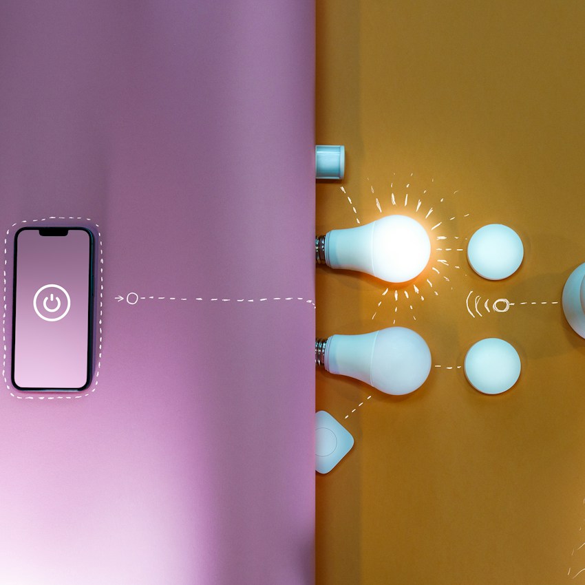An illustration of a phone connecting to lights and home devices