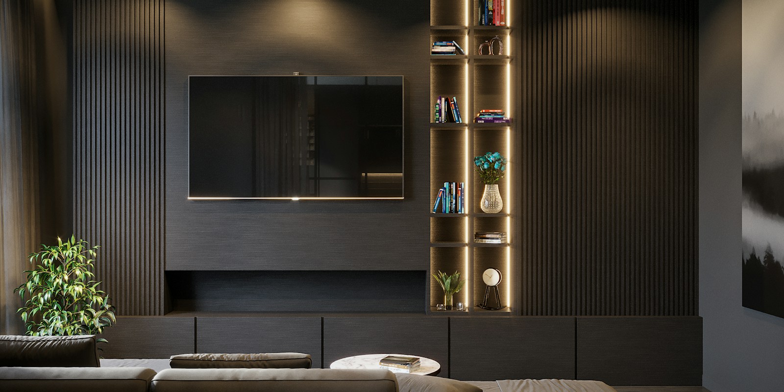 A living room with a television and warmly illuminated shelving